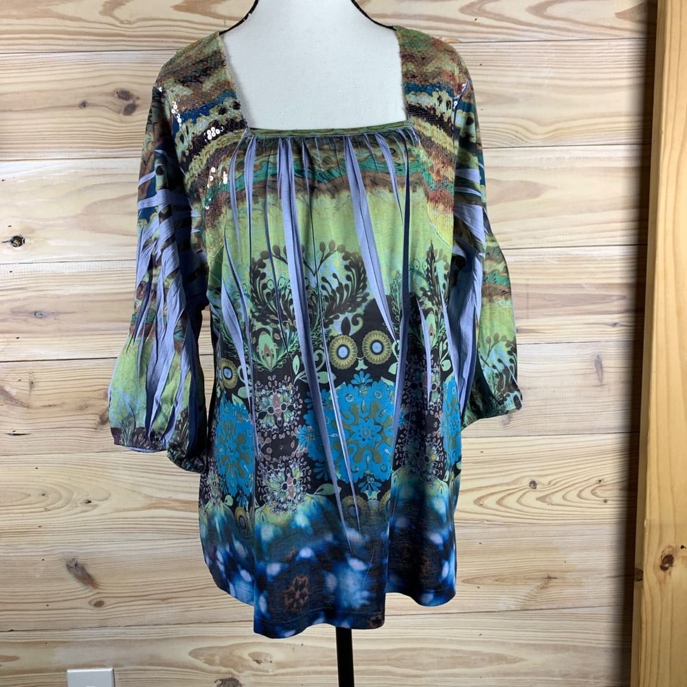 Simply Suzie Tunic Top Women 1X Multi Color Abstract Floral Sequin Blouse USA